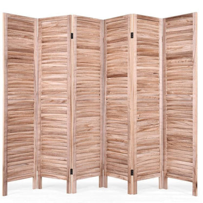 6-Panel Classic Louver Slatted Room Divider Screen in Brown Wood Finish - The Sturdy Wood Company