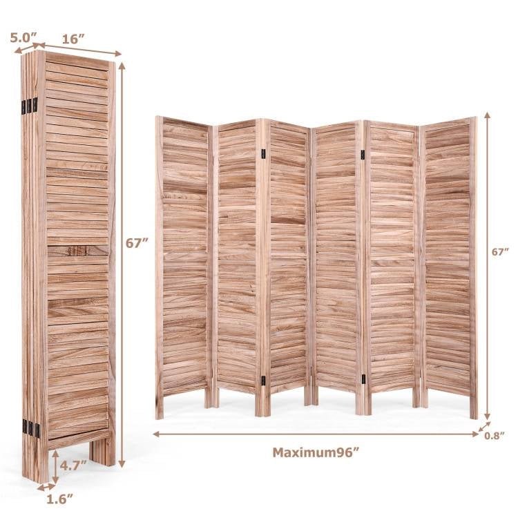 6-Panel Classic Louver Slatted Room Divider Screen in Brown Wood Finish - The Sturdy Wood Company