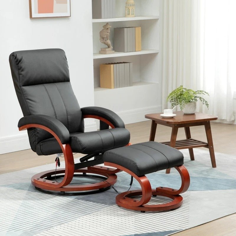 Adjustable Black Faux Leather Electric Remote Massage Recliner Chair w/ Ottoman - The Sturdy Wood Company