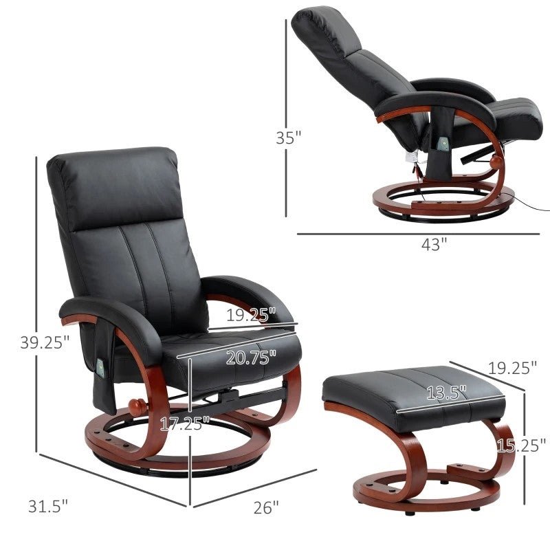 Adjustable Black Faux Leather Electric Remote Massage Recliner Chair w/ Ottoman - The Sturdy Wood Company