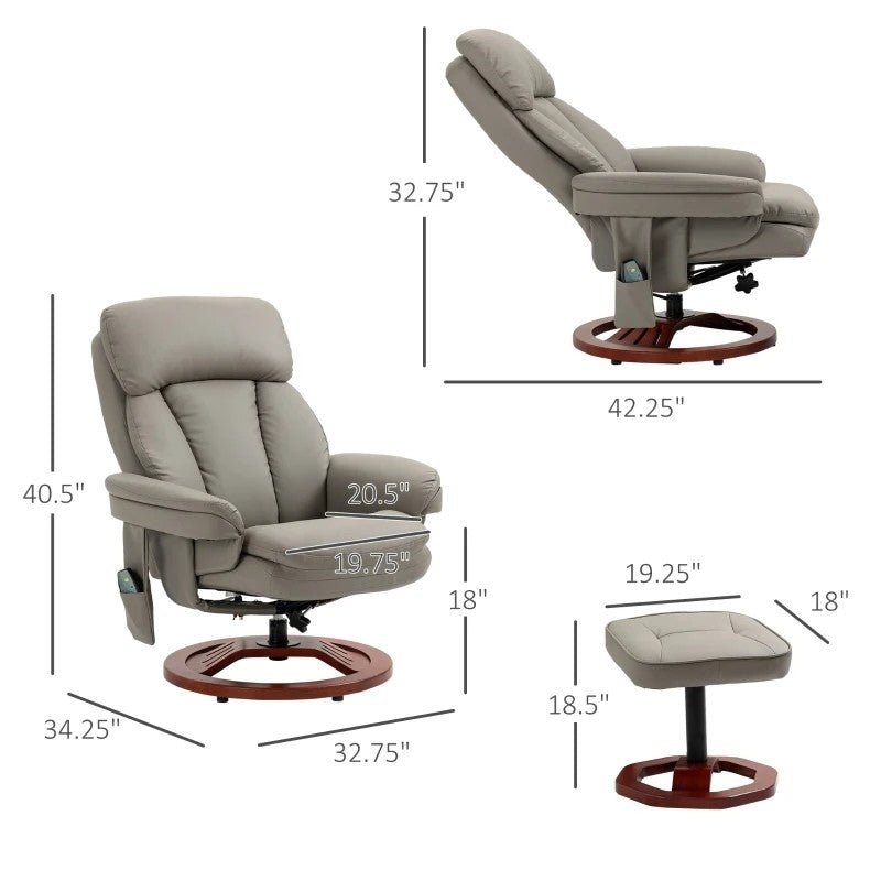 Adjustable Grey Brown Faux Leather Electric Remote Massage Recliner Chair w/ Ottoman - The Sturdy Wood Company