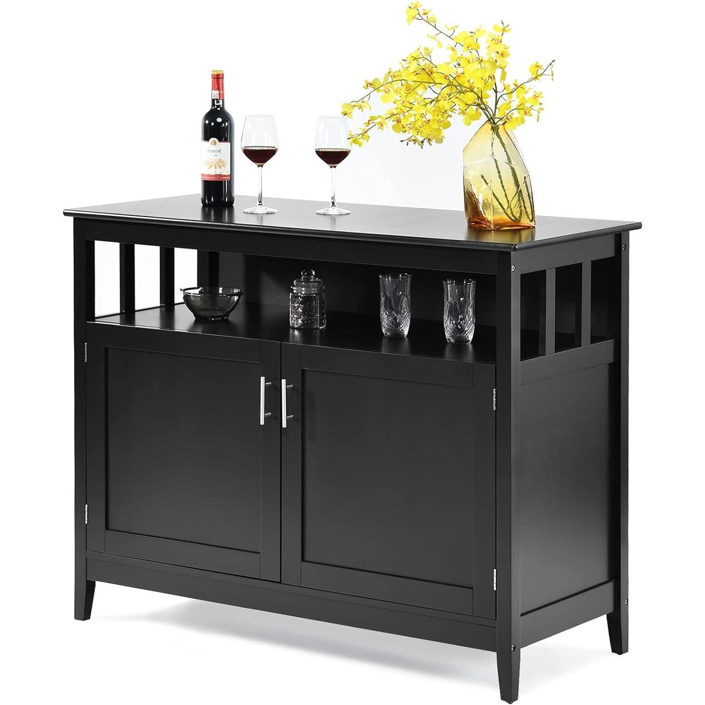 Black Wood 2-Door Dining Buffet Sideboard Cabinet with Open Storage Shelf - The Sturdy Wood Company