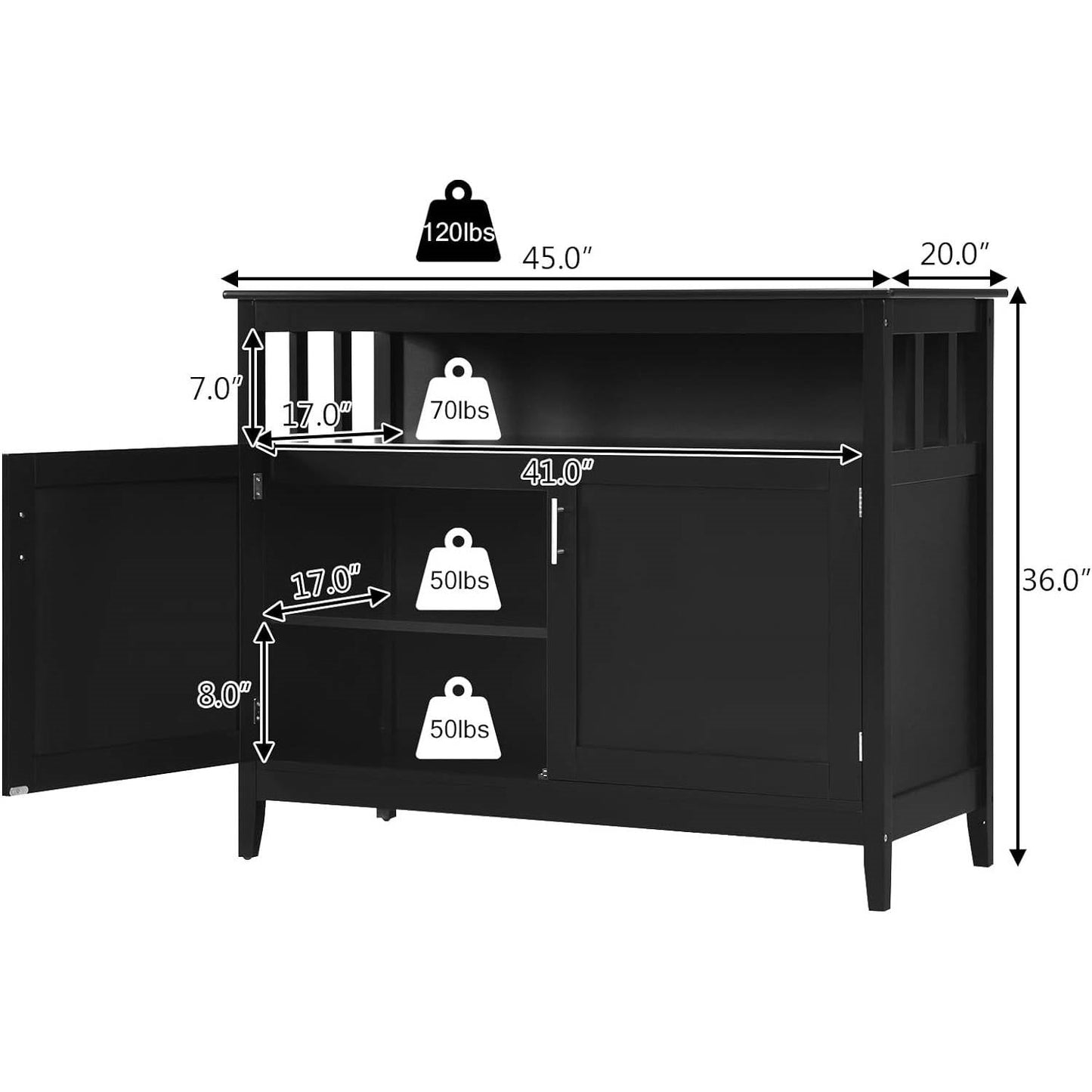 Black Wood 2-Door Dining Buffet Sideboard Cabinet with Open Storage Shelf - The Sturdy Wood Company