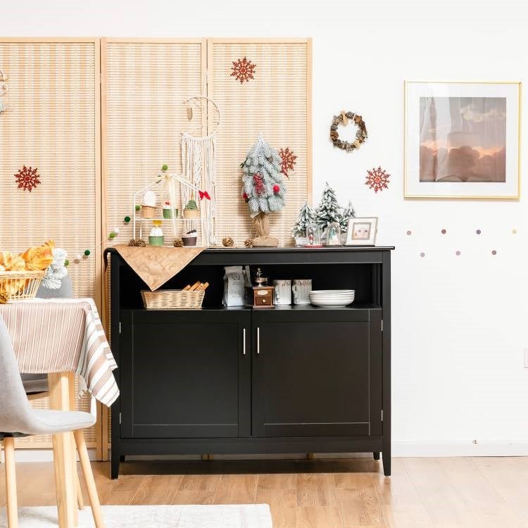 Black Wood 2-Door Dining Buffet Sideboard Cabinet with Open Storage Shelf - The Sturdy Wood Company