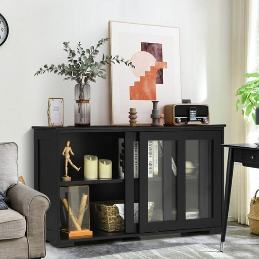 Black Wood Buffet Kitchen Dining Sideboard Storage Cabinet w/ Glass Sliding Door - The Sturdy Wood Company