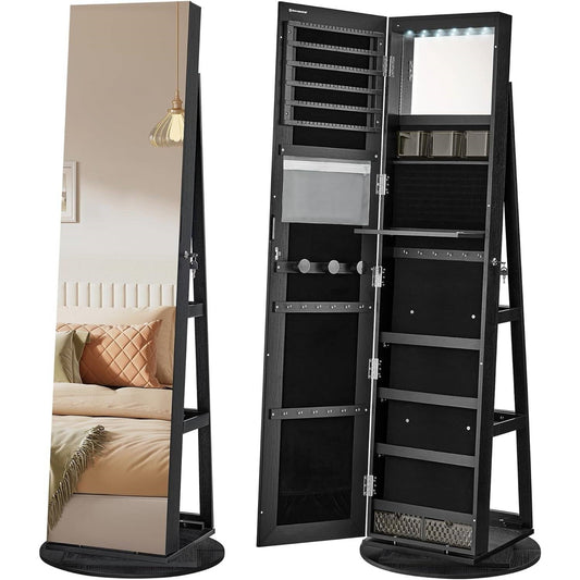 Black Wood Jewelry Cabinet Armoire Organizer Freestanding Rotating Mirror - The Sturdy Wood Company