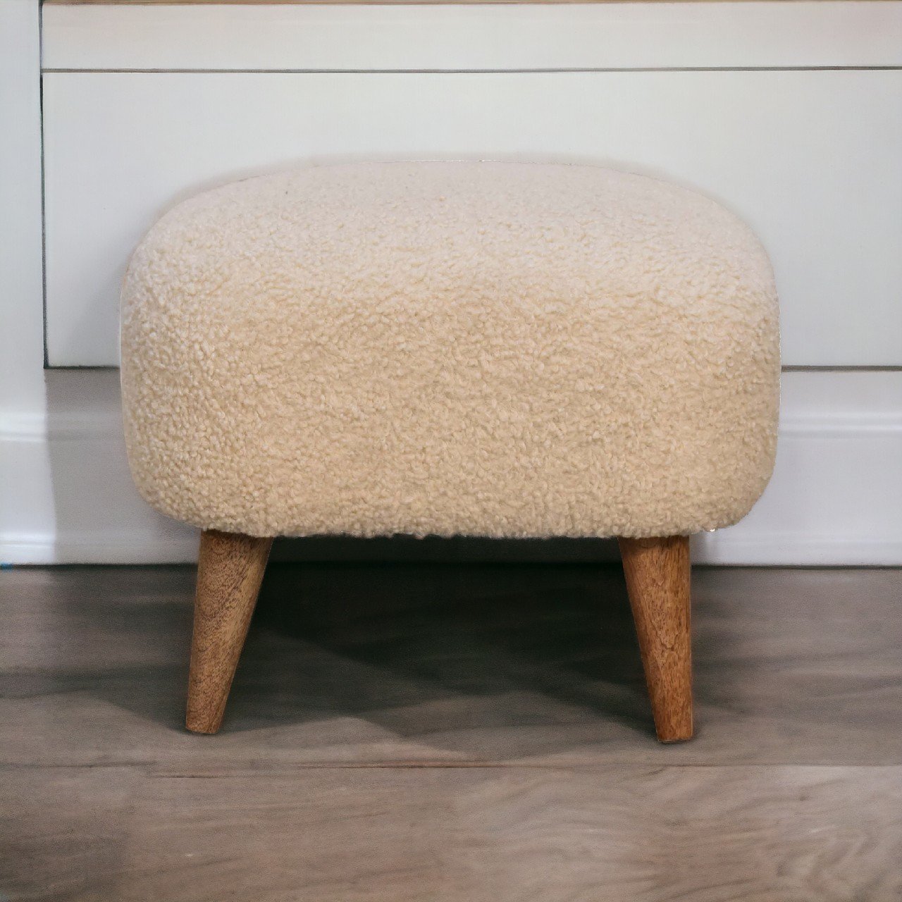 Boucle Cream Square Footstool - The Sturdy Wood Company