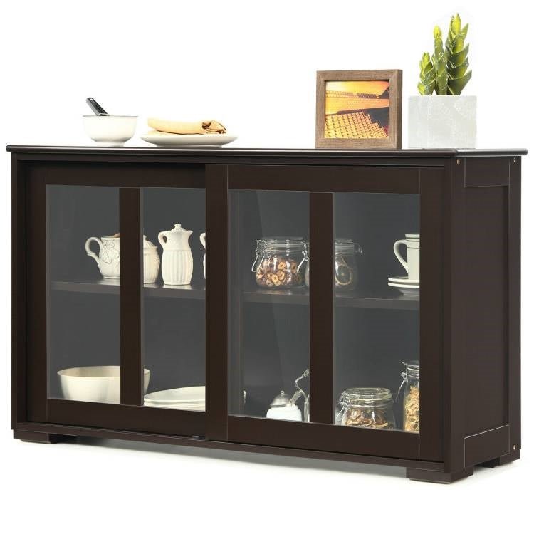 Brown Wood Buffet Kitchen Dining Sideboard Storage Cabinet w/ Glass Sliding Door - The Sturdy Wood Company