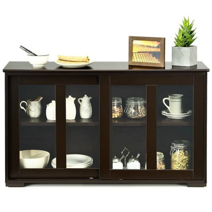 Brown Wood Buffet Kitchen Dining Sideboard Storage Cabinet w/ Glass Sliding Door - The Sturdy Wood Company