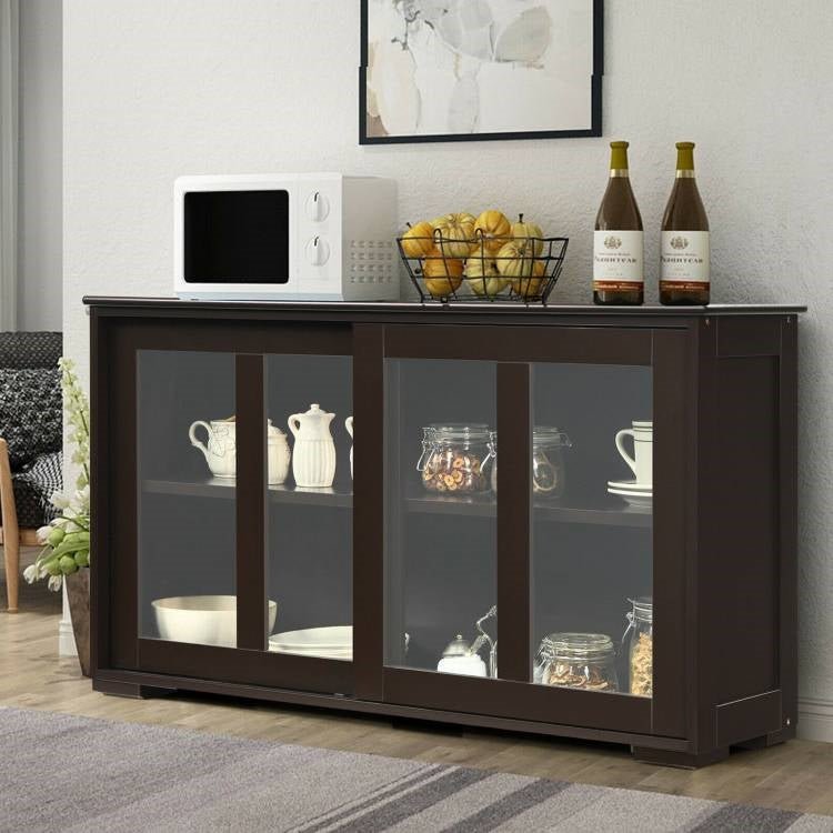 Brown Wood Buffet Kitchen Dining Sideboard Storage Cabinet w/ Glass Sliding Door - The Sturdy Wood Company