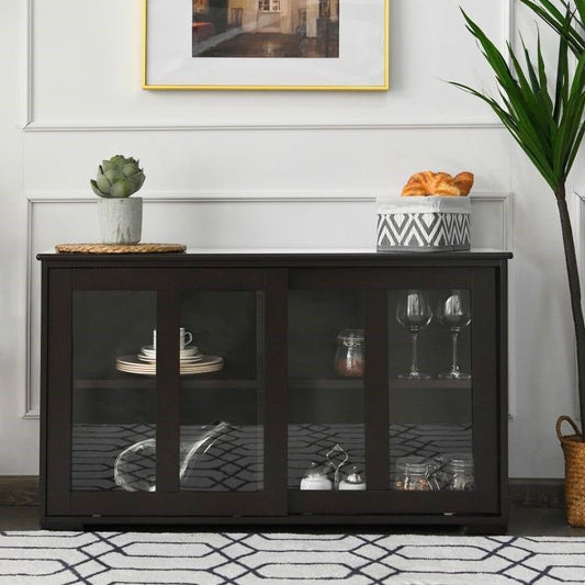 Brown Wood Buffet Kitchen Dining Sideboard Storage Cabinet w/ Glass Sliding Door - The Sturdy Wood Company