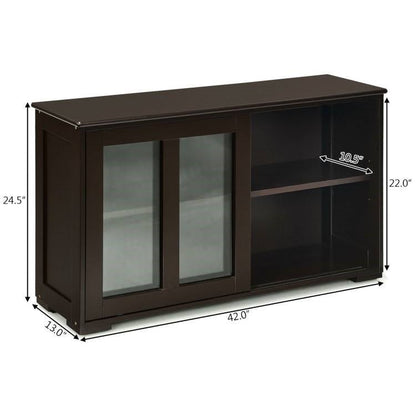 Brown Wood Buffet Kitchen Dining Sideboard Storage Cabinet w/ Glass Sliding Door - The Sturdy Wood Company