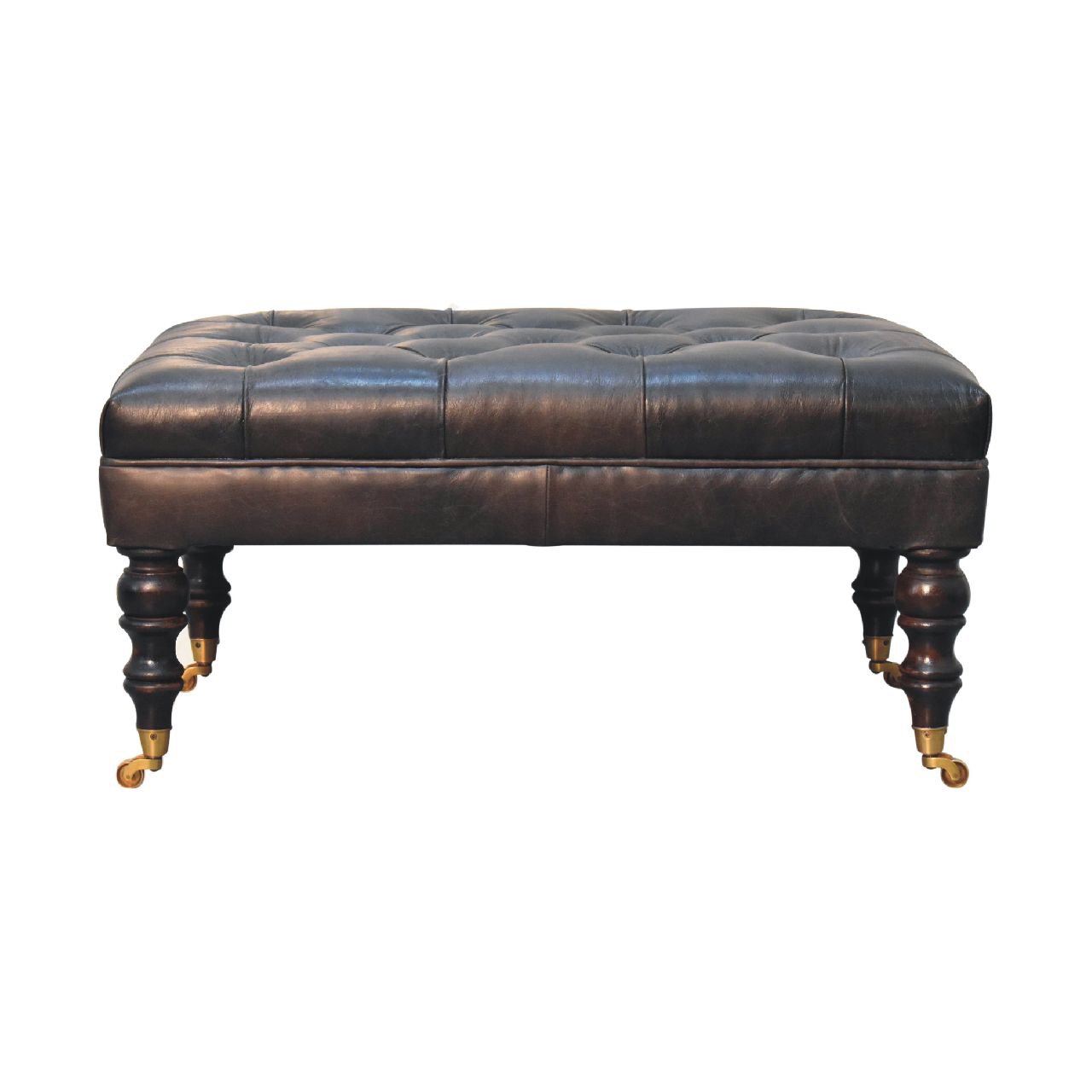 Buffalo Ash Black Leather Ottoman with Castor Legs - The Sturdy Wood Company