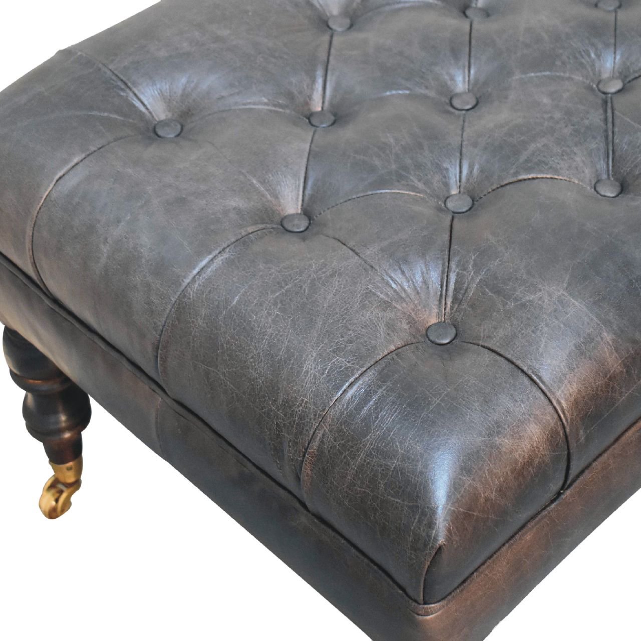 Buffalo Ash Black Leather Ottoman with Castor Legs - The Sturdy Wood Company