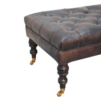 Buffalo Ash Black Leather Ottoman with Castor Legs - The Sturdy Wood Company