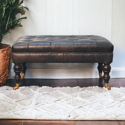 Buffalo Ash Black Leather Ottoman with Castor Legs - The Sturdy Wood Company