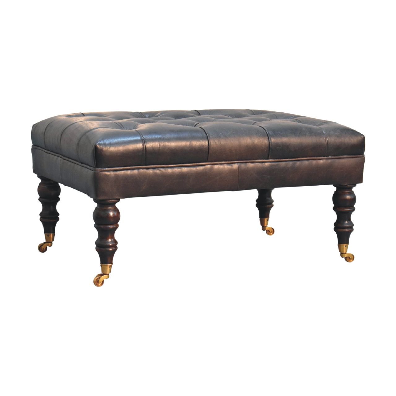 Buffalo Ash Black Leather Ottoman with Castor Legs - The Sturdy Wood Company