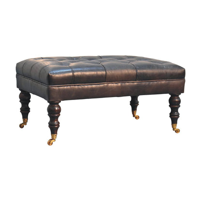 Buffalo Ash Black Leather Ottoman with Castor Legs - The Sturdy Wood Company