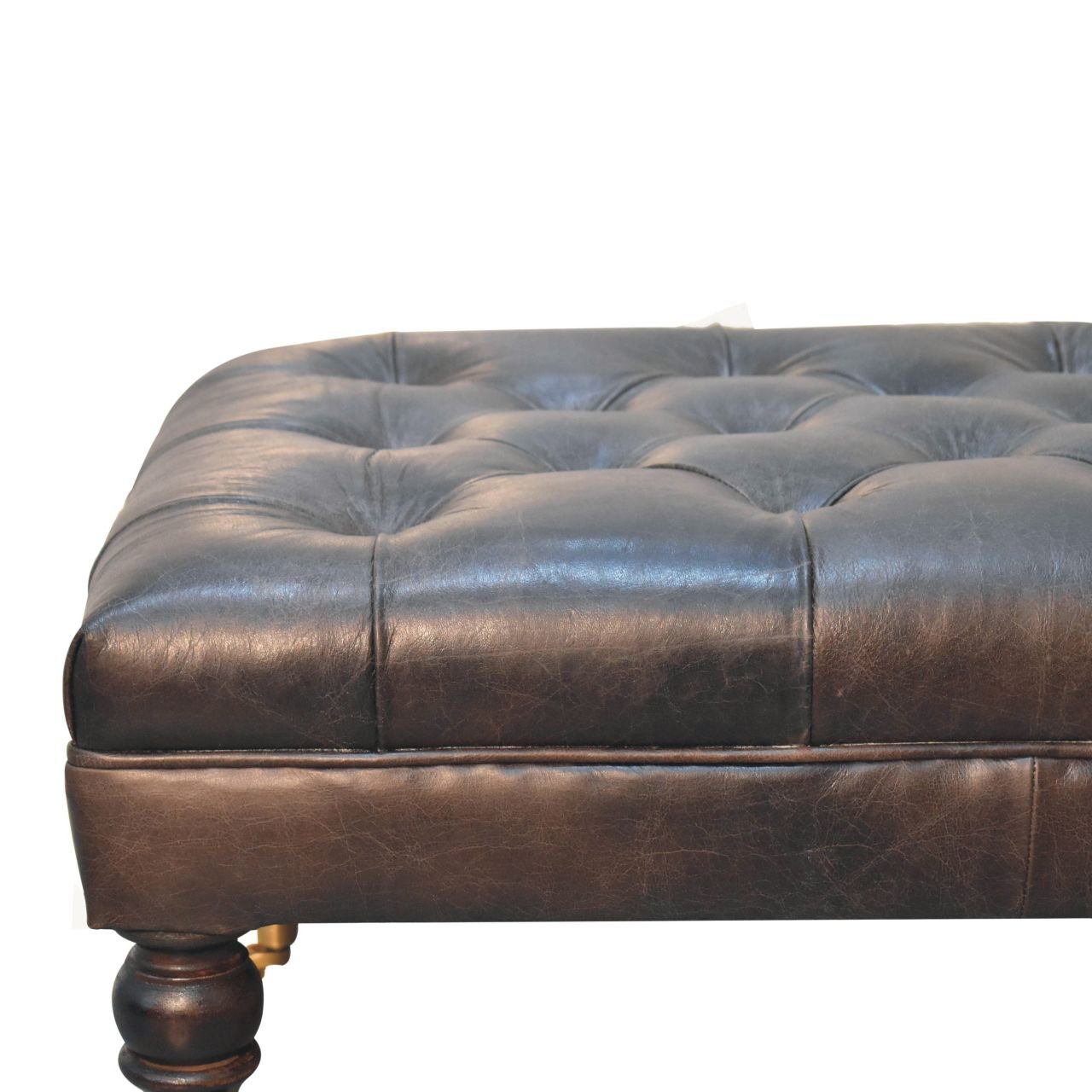 Buffalo Ash Black Leather Ottoman with Castor Legs - The Sturdy Wood Company