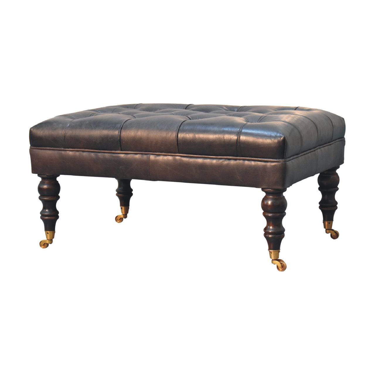 Buffalo Ash Black Leather Ottoman with Castor Legs - The Sturdy Wood Company