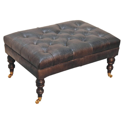 Buffalo Ash Black Leather Ottoman with Castor Legs - The Sturdy Wood Company