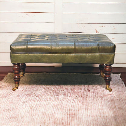 Buffalo Green Leather Ottoman with Castor Legs - The Sturdy Wood Company