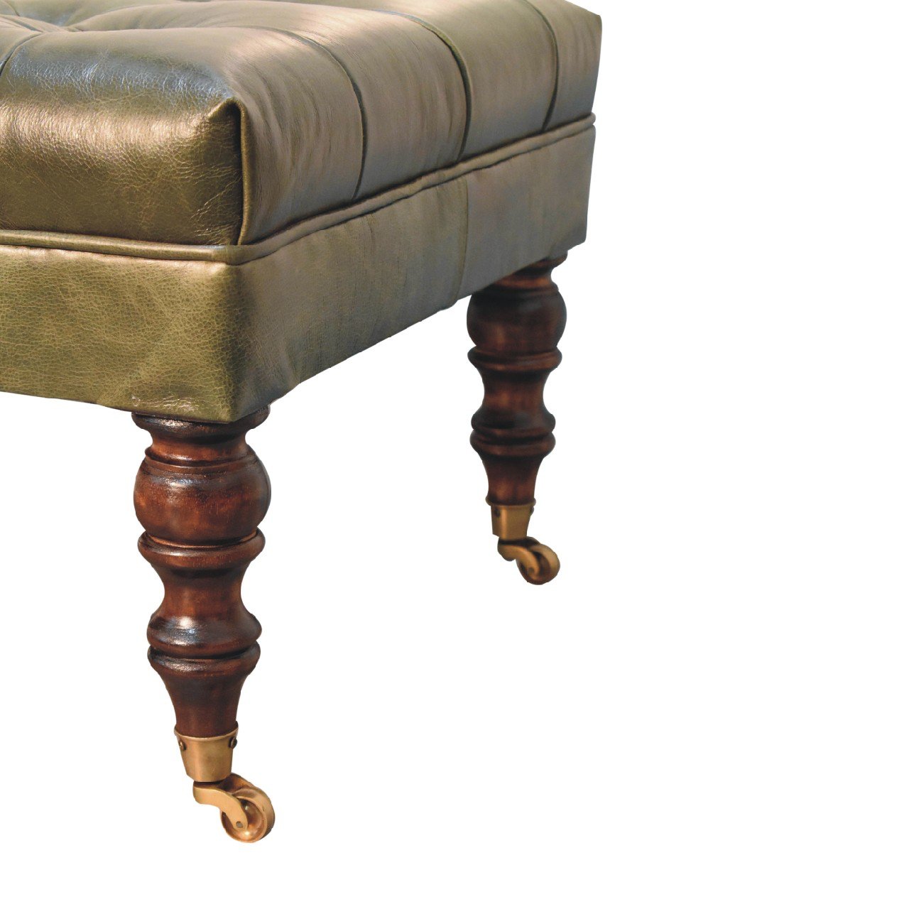 Buffalo Green Leather Ottoman with Castor Legs - The Sturdy Wood Company