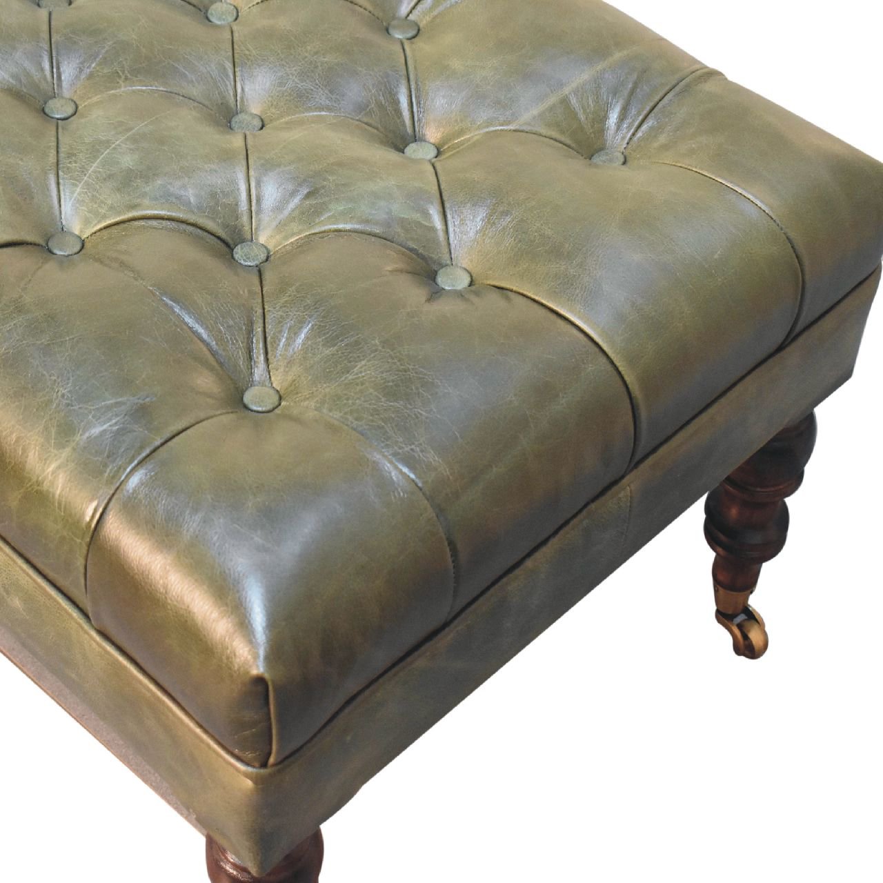 Buffalo Green Leather Ottoman with Castor Legs - The Sturdy Wood Company