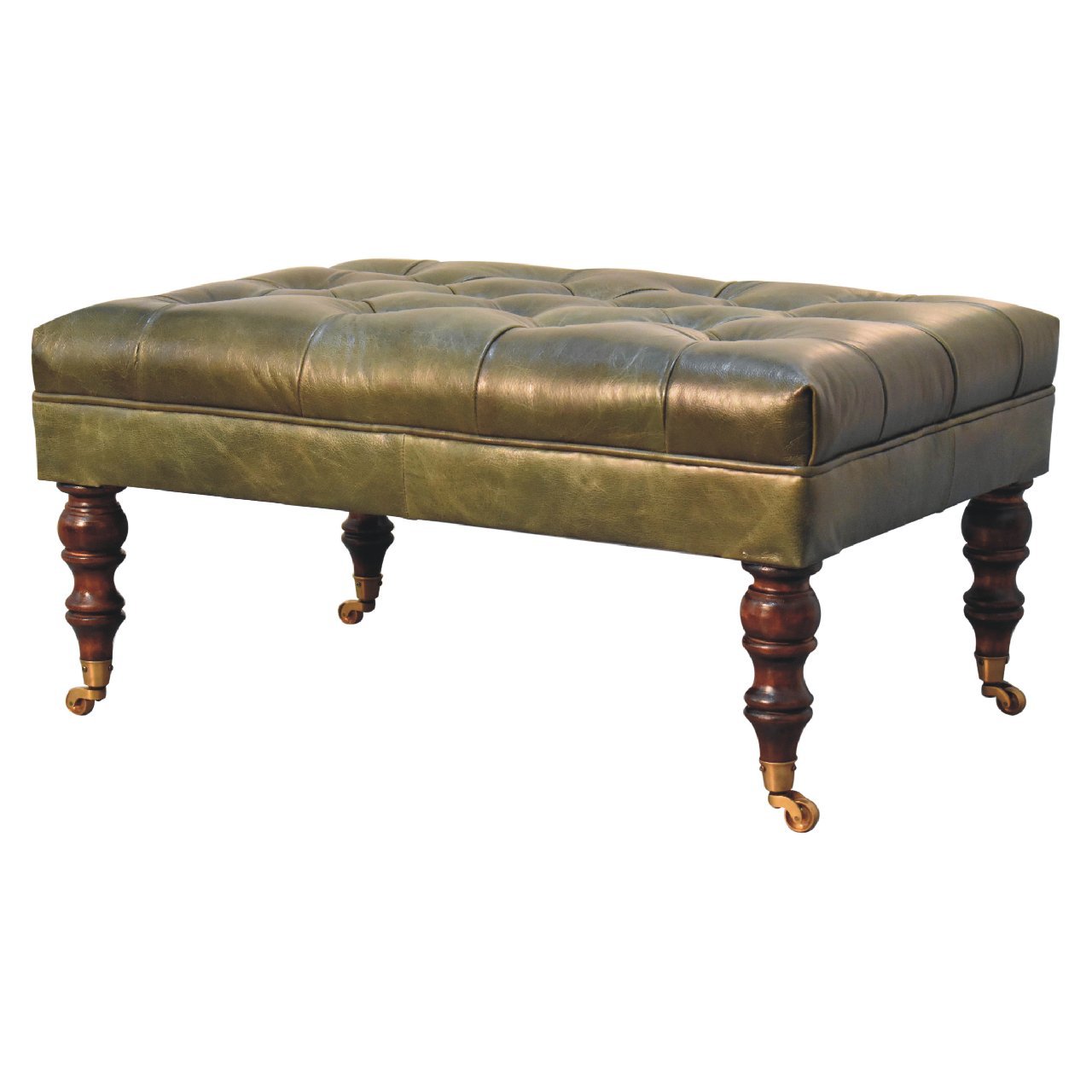 Buffalo Green Leather Ottoman with Castor Legs - The Sturdy Wood Company