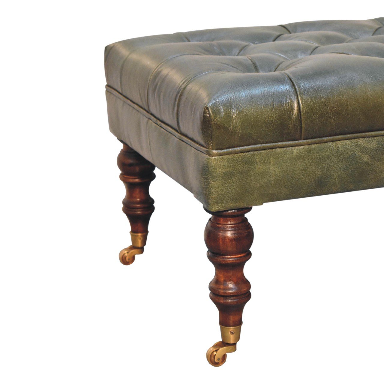 Buffalo Green Leather Ottoman with Castor Legs - The Sturdy Wood Company