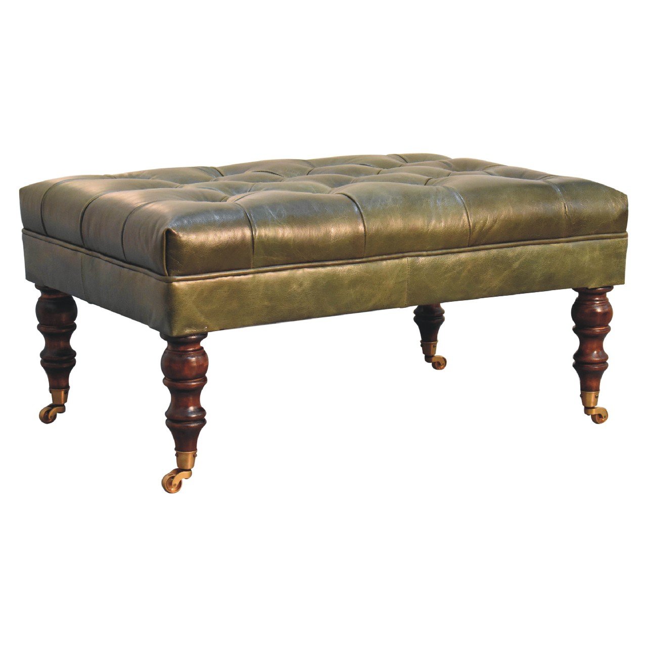 Buffalo Green Leather Ottoman with Castor Legs - The Sturdy Wood Company