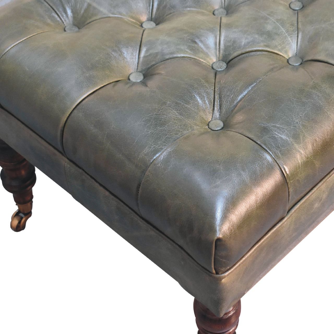 Buffalo Green Leather Ottoman with Castor Legs - The Sturdy Wood Company