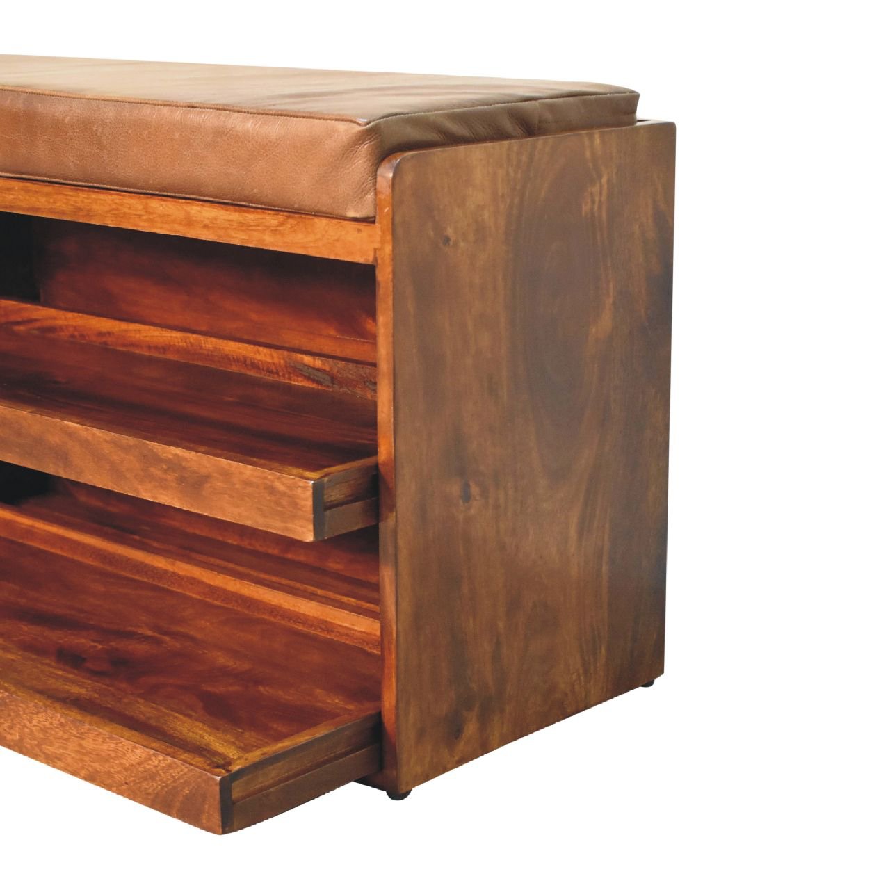 Buffalo Hide Pull out Chestnut Shoe Storage Bench - The Sturdy Wood Company