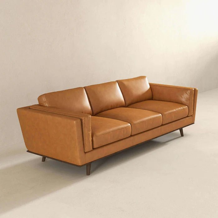 Chase Mid Century Modern Tan Genuine Leather Sofa - The Sturdy Wood Company