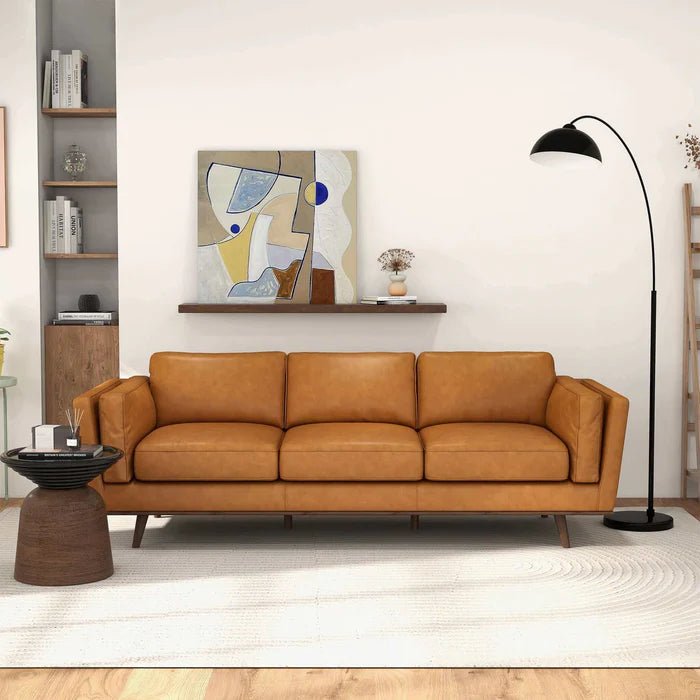 Chase Mid Century Modern Tan Genuine Leather Sofa - The Sturdy Wood Company