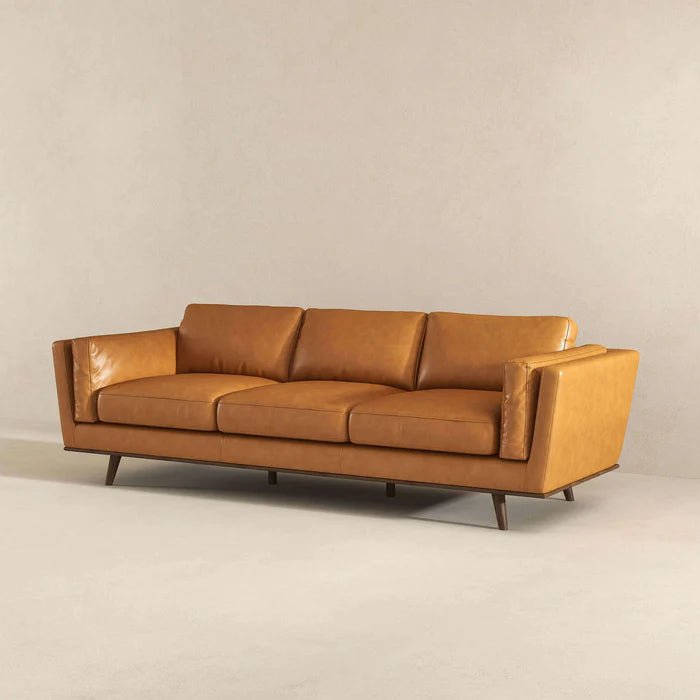 Chase Mid Century Modern Tan Genuine Leather Sofa - The Sturdy Wood Company