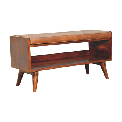 Chestnut Bench with Brown Leather Seatpad - The Sturdy Wood Company