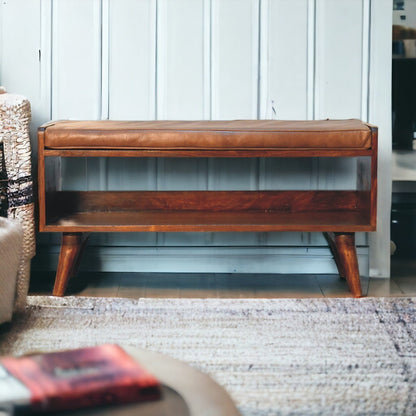 Chestnut Bench with Brown Leather Seatpad - The Sturdy Wood Company