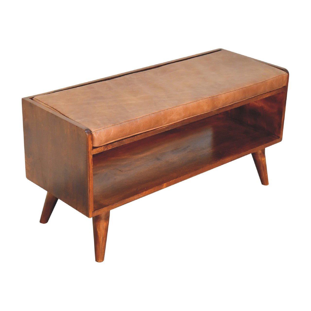 Chestnut Bench with Brown Leather Seatpad - The Sturdy Wood Company