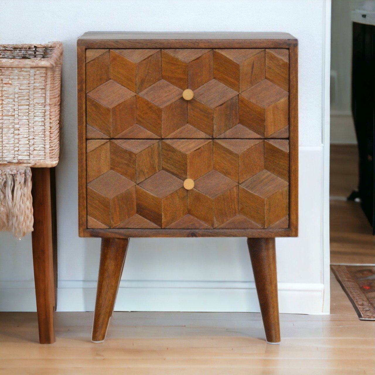 Chestnut Cube Carved Bedside - The Sturdy Wood Company