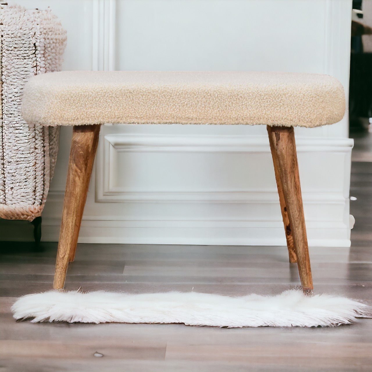 Cream Boucle Nordic Bench - The Sturdy Wood Company