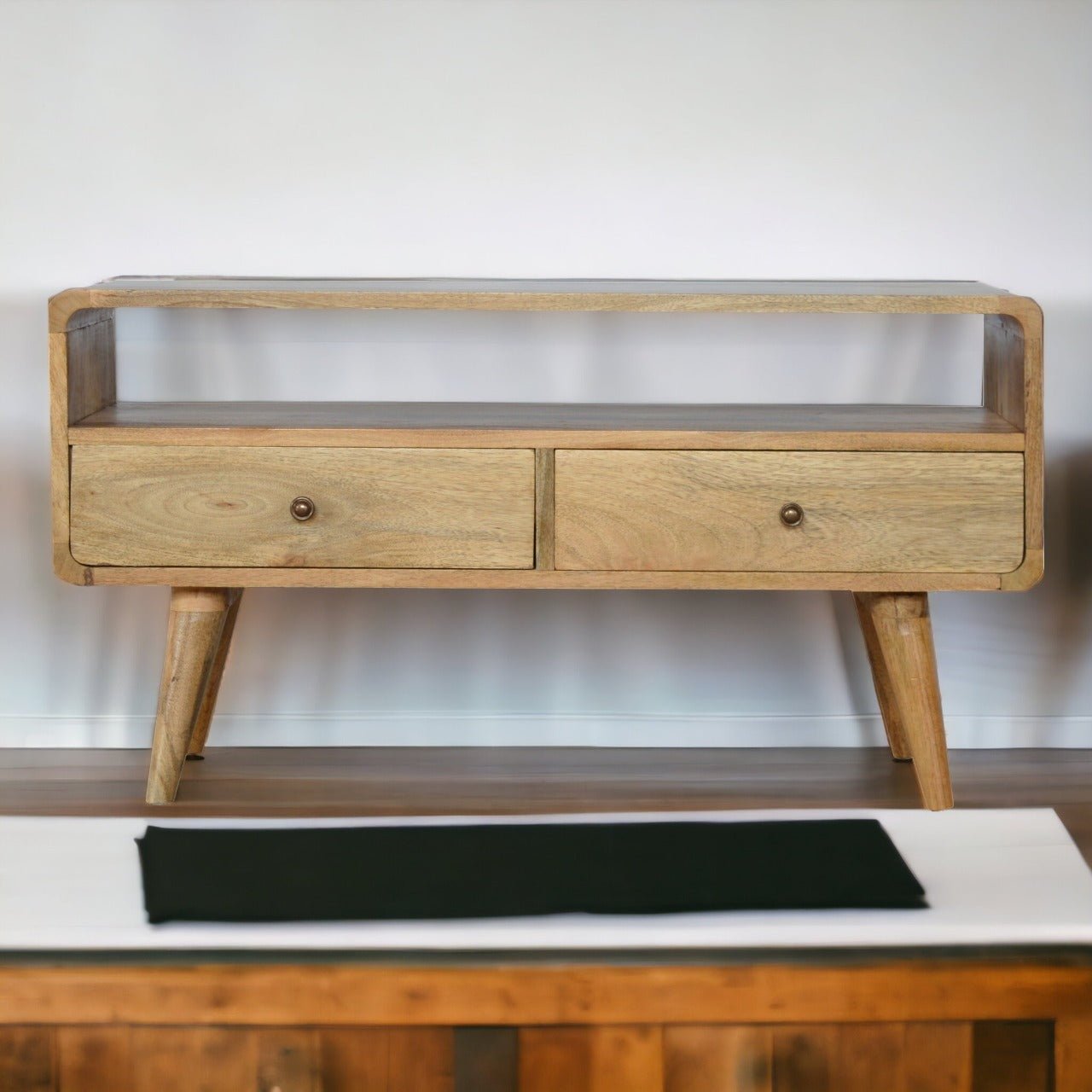 Curved Oak-ish Media Unit - The Sturdy Wood Company