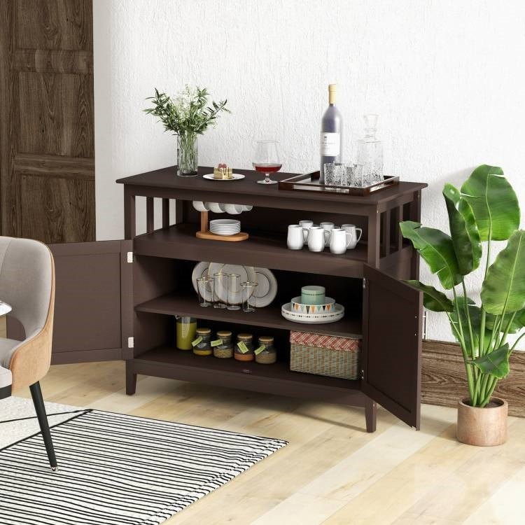 Dark Brown Wood 2-Door Dining Buffet Sideboard Cabinet with Open Storage Shelf - The Sturdy Wood Company