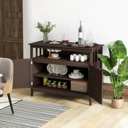 Dark Brown Wood 2-Door Dining Buffet Sideboard Cabinet with Open Storage Shelf - The Sturdy Wood Company