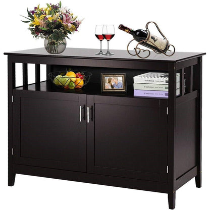 Dark Brown Wood 2-Door Dining Buffet Sideboard Cabinet with Open Storage Shelf - The Sturdy Wood Company