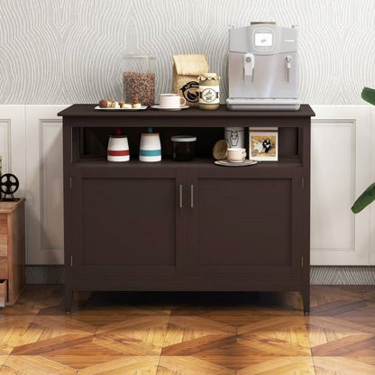 Dark Brown Wood 2-Door Dining Buffet Sideboard Cabinet with Open Storage Shelf - The Sturdy Wood Company