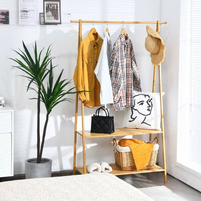 Entryway Bedroom Wood Garment Clothes Hanging Rack with 2 Bottom Storage Shelves - The Sturdy Wood Company