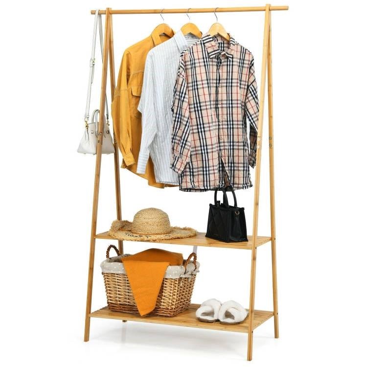 Entryway Bedroom Wood Garment Clothes Hanging Rack with 2 Bottom Storage Shelves - The Sturdy Wood Company