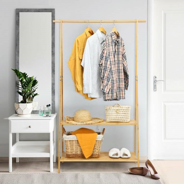 Entryway Bedroom Wood Garment Clothes Hanging Rack with 2 Bottom Storage Shelves - The Sturdy Wood Company