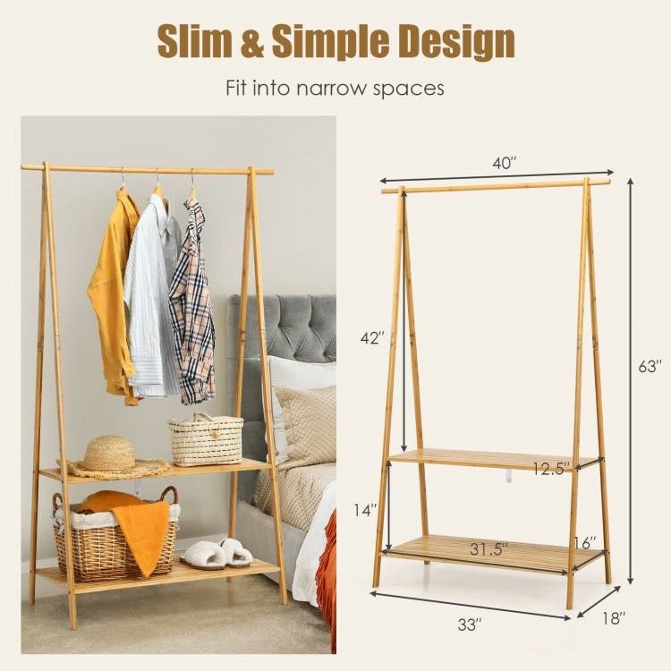 Entryway Bedroom Wood Garment Clothes Hanging Rack with 2 Bottom Storage Shelves - The Sturdy Wood Company